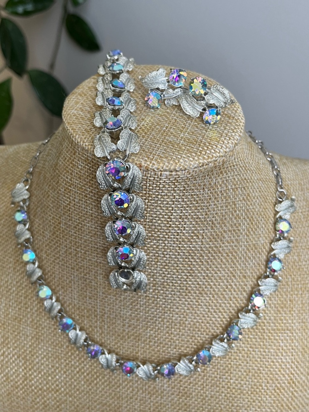 Coro…Aurora Crystal Silver-Tone Necklace & Bracelet and screw back earrings Set